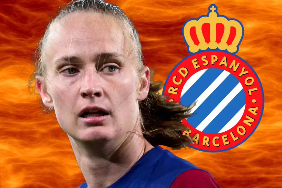 A person with a blue and red jersey in front of a background of flames with the RCD Espanyol crest.