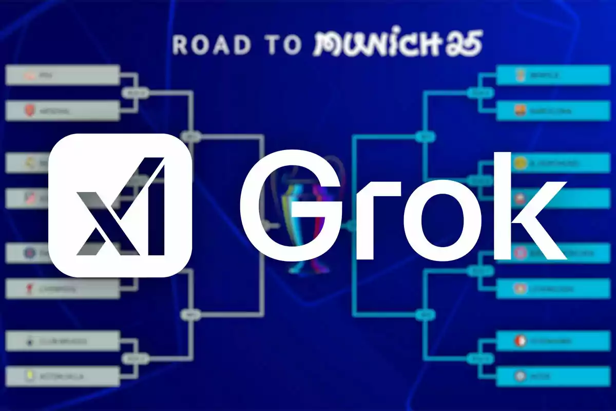 Un gráfico de un torneo de fútbol con el texto "Road to Munich 25" y un logotipo grande en primer plano que dice "Grok".