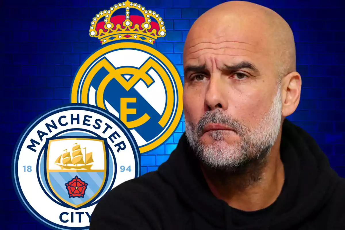 A bald man with a beard in front of the Real Madrid and Manchester City logos on a blue background.