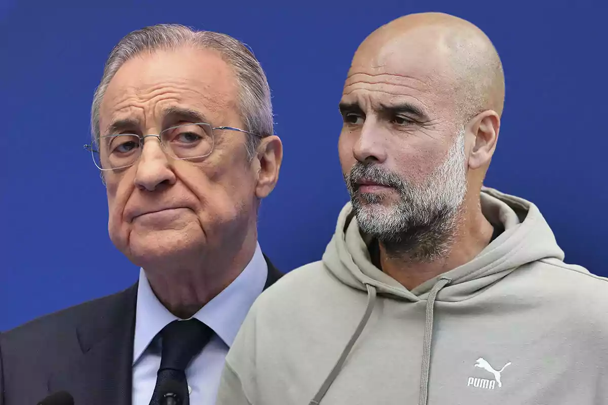 Dos hombres, Florentino Pérez con traje y gafas y Pep Guardiola con sudadera gris, posan frente a un fondo azul.