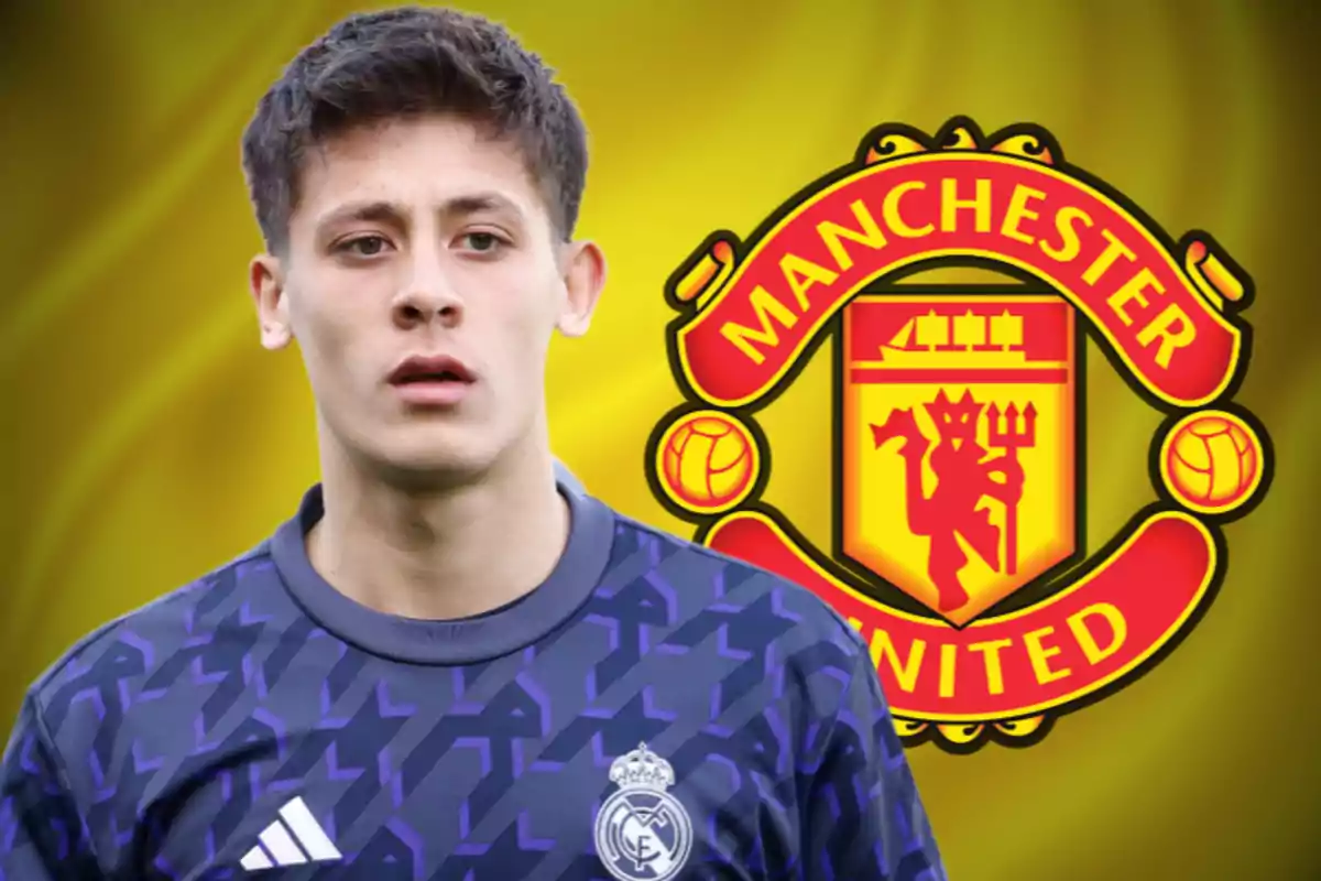 A football player wearing a Real Madrid training jersey in front of the Manchester United logo on a yellow background.