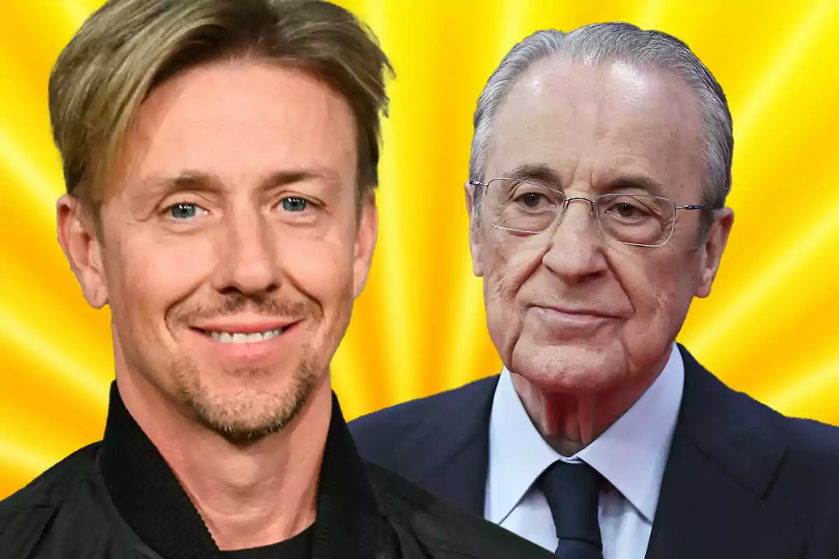 Dos hombres posan frente a un fondo amarillo brillante