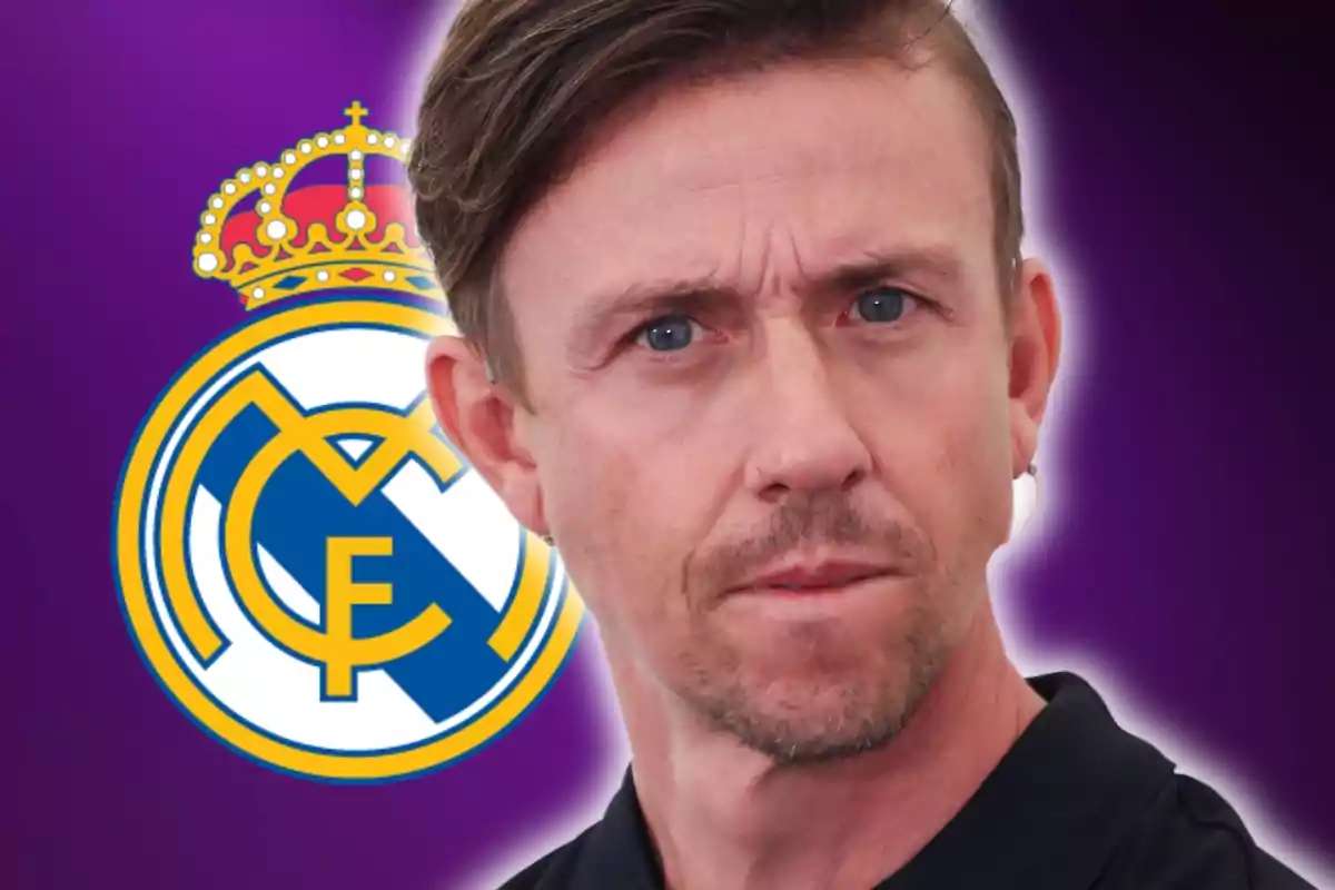 A man with a serious expression in front of the Real Madrid logo on a purple background.