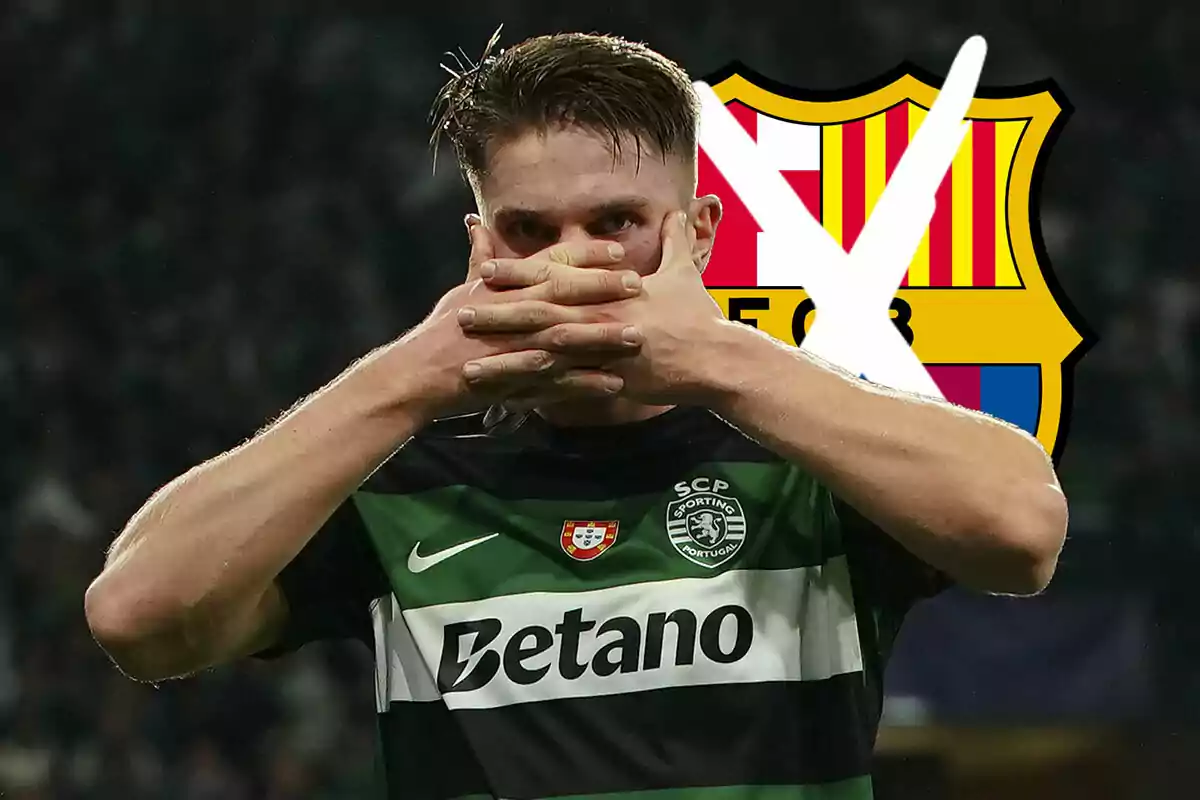 A Sporting de Portugal soccer player covers his mouth with his hands as the FC Barcelona crest appears crossed out in the background.