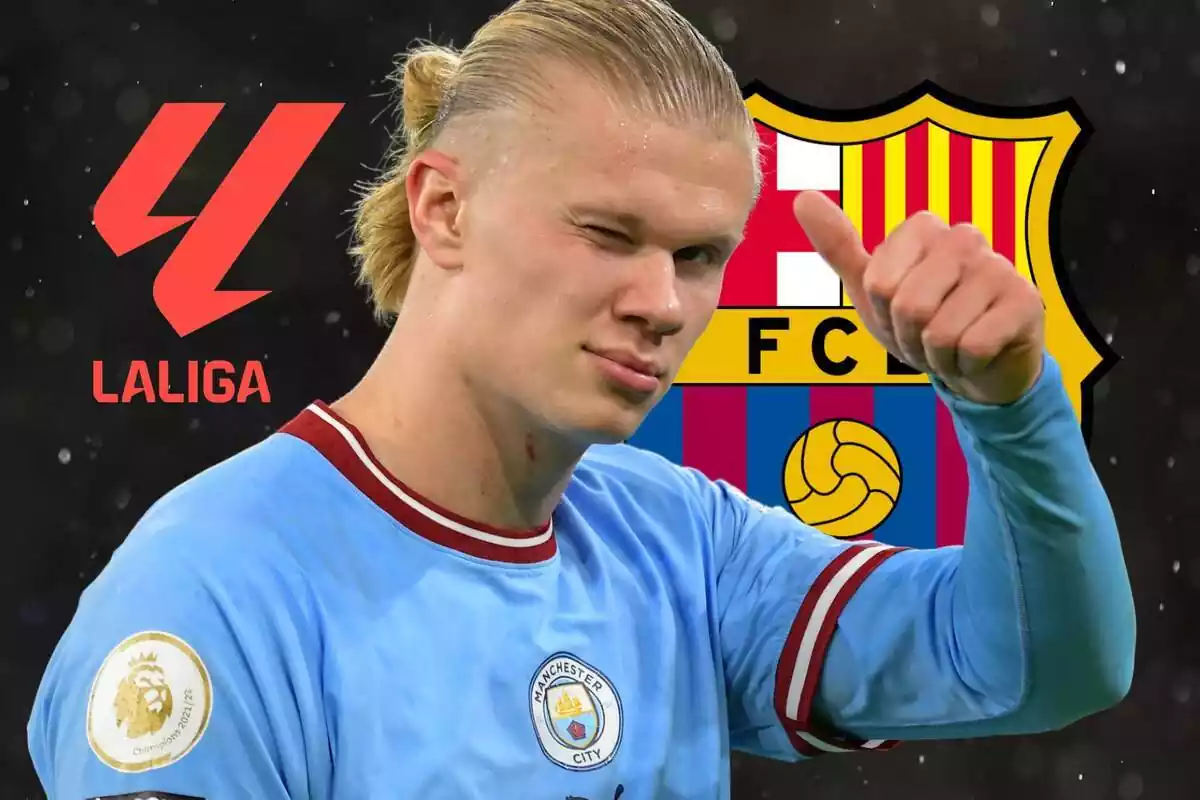 Erling Haaland con el pulgar hacia arriba al lado del escudo del FC Barcelona y de LaLiga