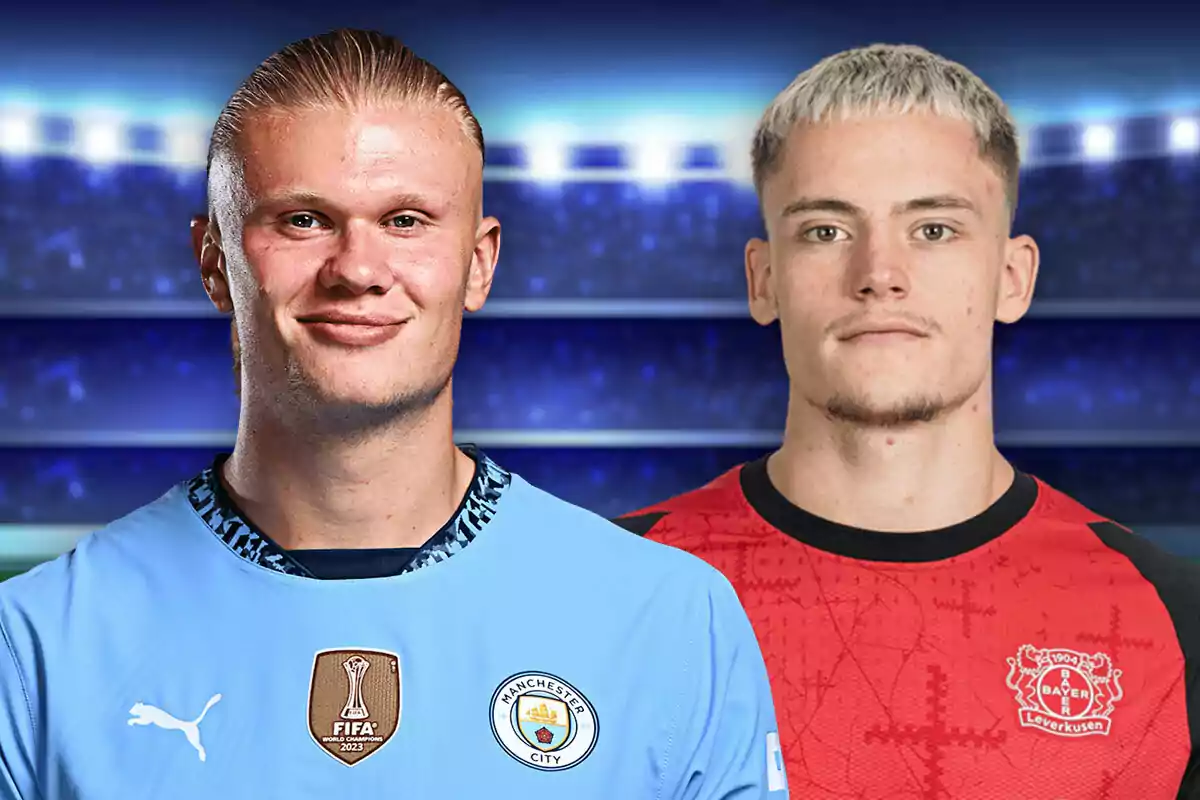 Two soccer players wearing jerseys of their respective teams, one from Manchester City and the other from Bayer Leverkusen, pose in front of an illuminated stadium background.