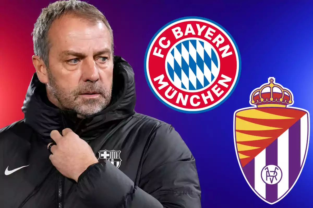 Un hombre con chaqueta negra aparece junto a los escudos del FC Bayern München y el Real Valladolid sobre un fondo degradado.