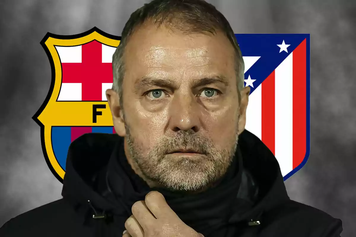 Hansi Flick with a serious expression in front of the FC Barcelona and Atlético de Madrid shields.