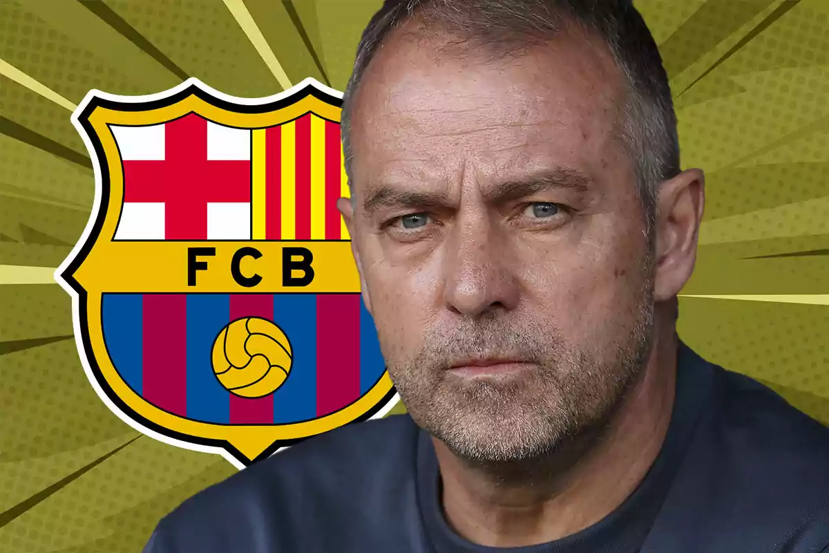 Hombre de expresión seria frente al escudo del FC Barcelona sobre un fondo amarillo con rayos estilizados
