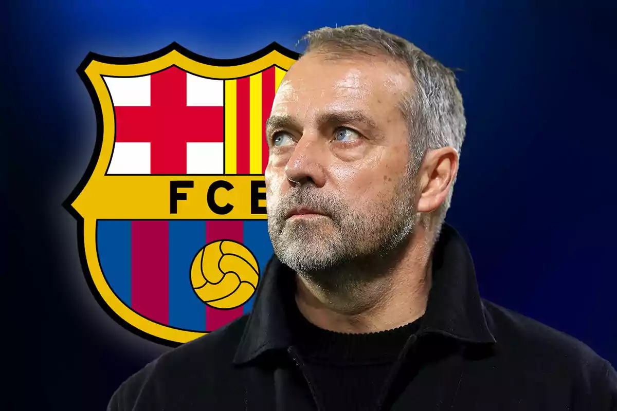 A man with a gray beard and hair looks up with the FC Barcelona crest in the background.