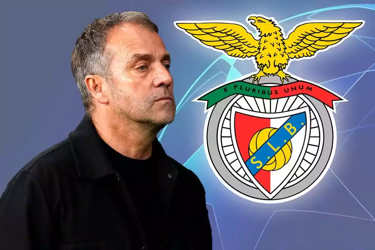 Un hombre de perfil con el escudo del club de fútbol Benfica al fondo.