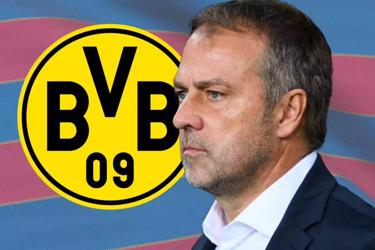 Un hombre de perfil con un logo amarillo y negro de BVB 09 al fondo.