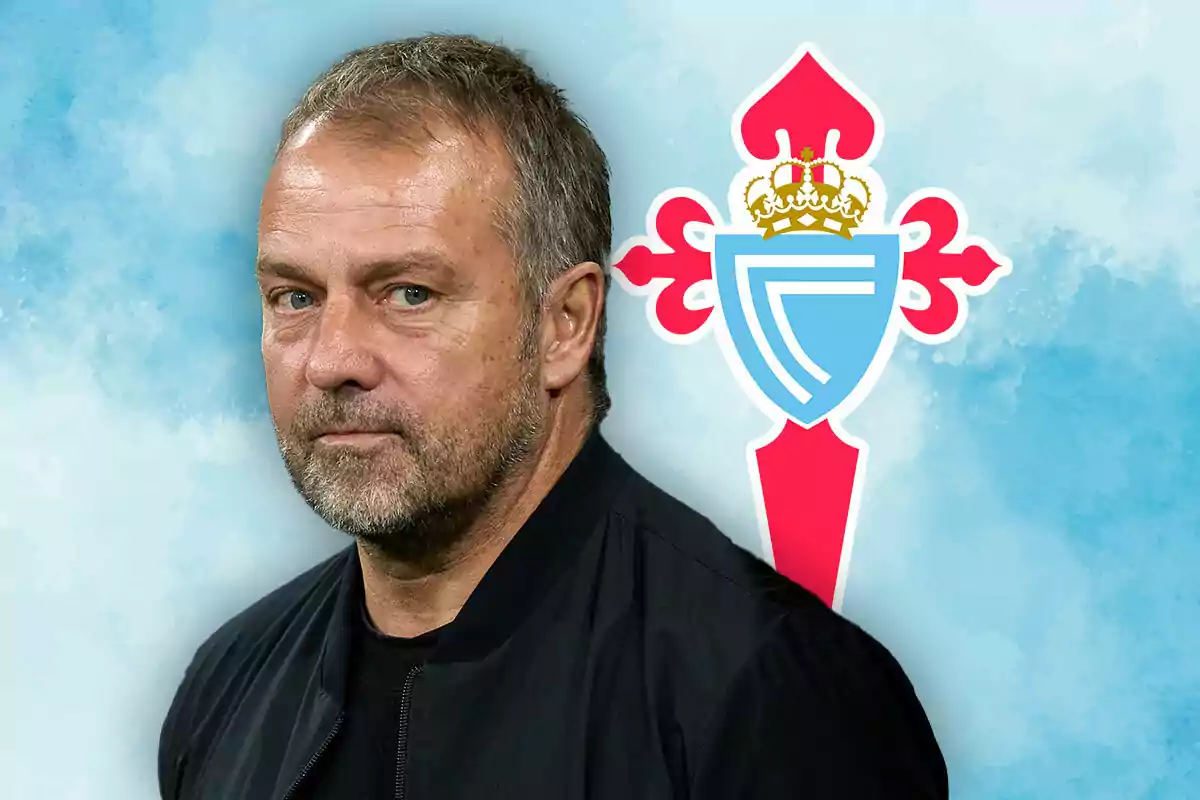 Hansi Flick con barba y cabello corto está frente a un fondo azul con el escudo del Celta de Vigo.