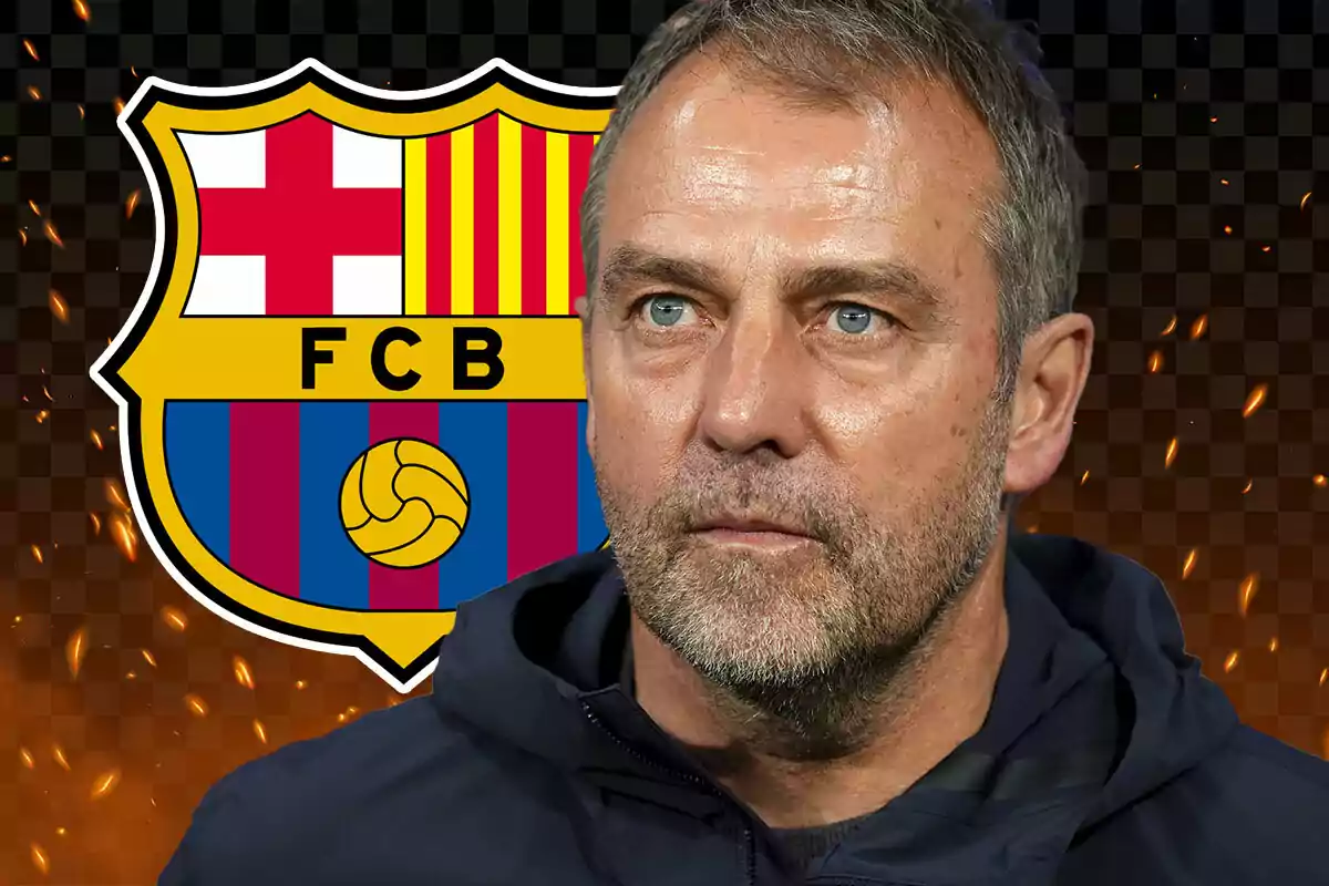 Un hombre con barba y cabello corto aparece frente al escudo del FC Barcelona sobre un fondo oscuro con destellos naranjas.