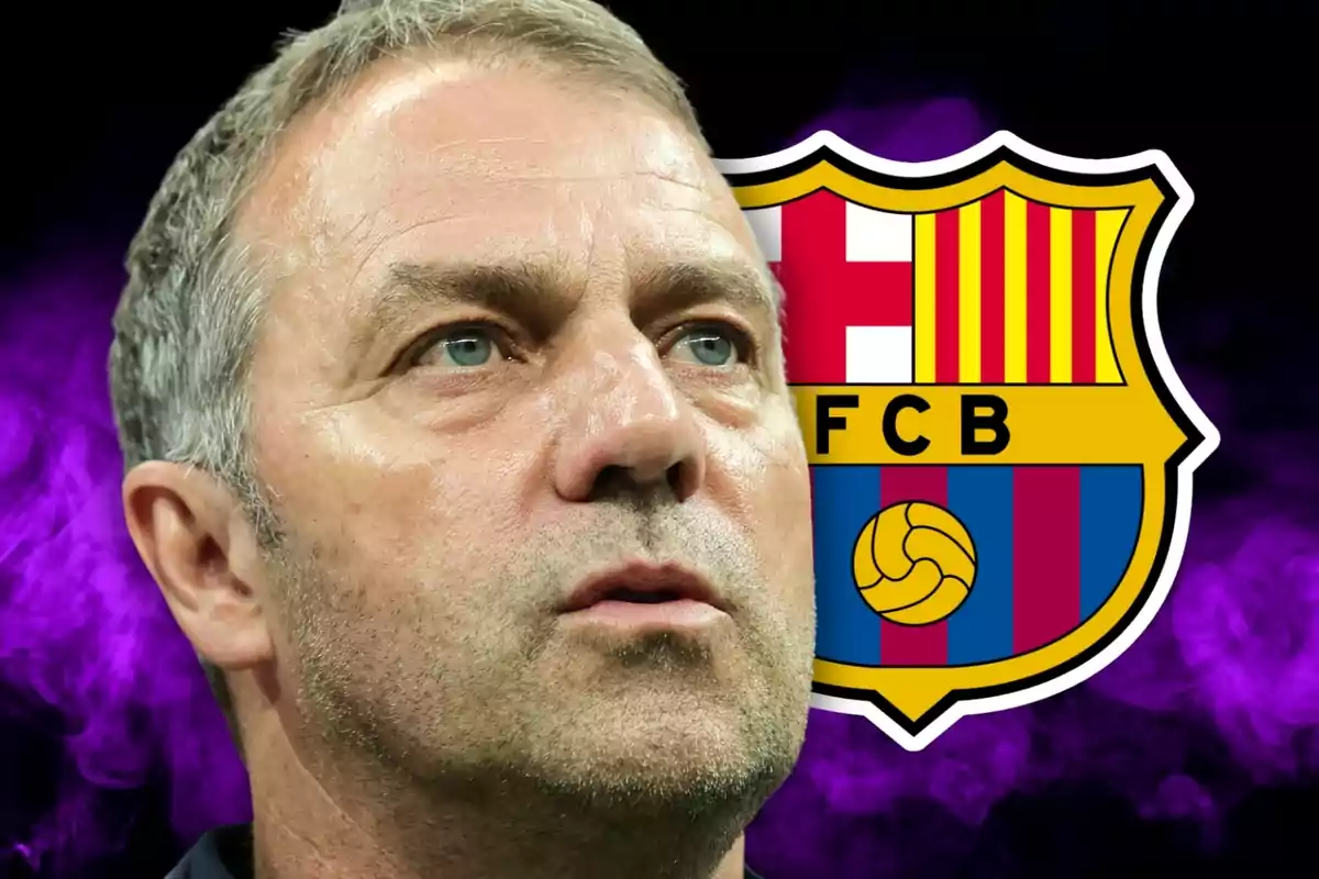 A man with a serious expression in front of the FC Barcelona crest on a purple background.