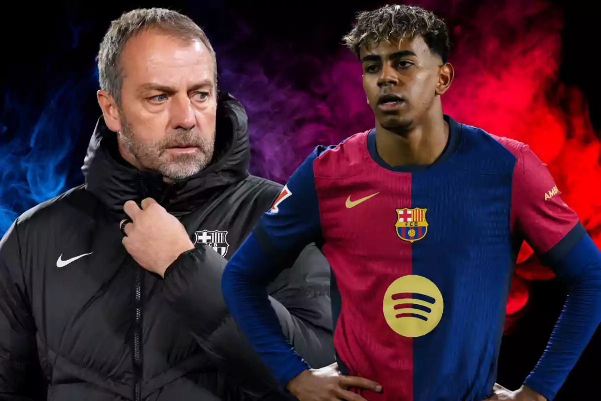 Un hombre con chaqueta negra y logo del FC Barcelona junto a un jugador con uniforme del mismo equipo, sobre un fondo de humo azul y rojo.