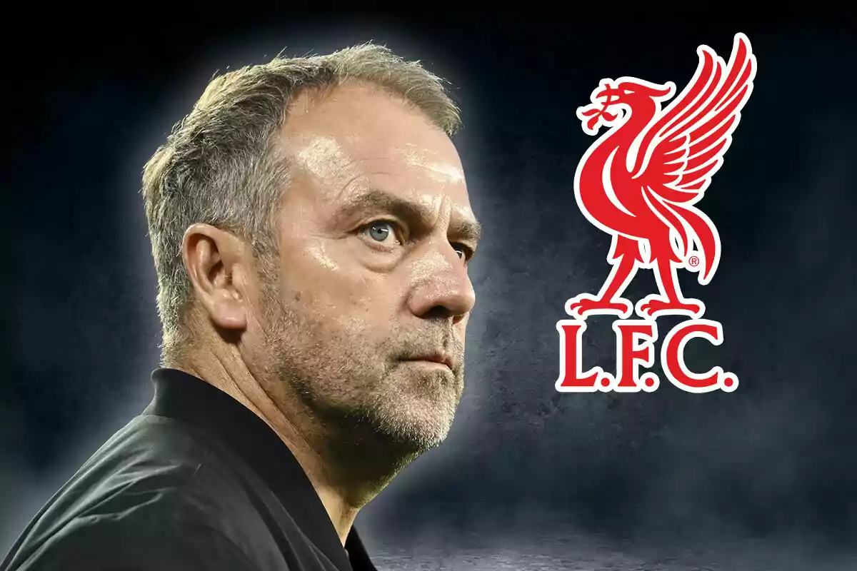 A man in profile with a serious expression and the Liverpool FC logo in the background.