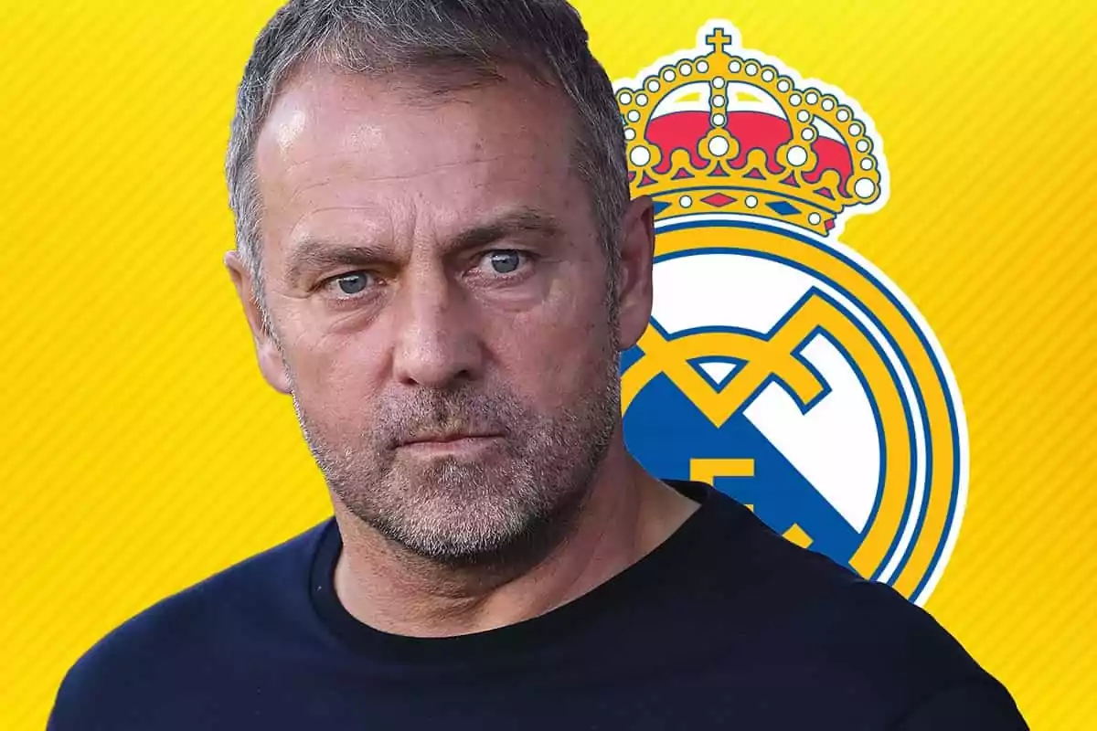 Hansi Flick with a serious expression in front of a yellow background with the Real Madrid crest.