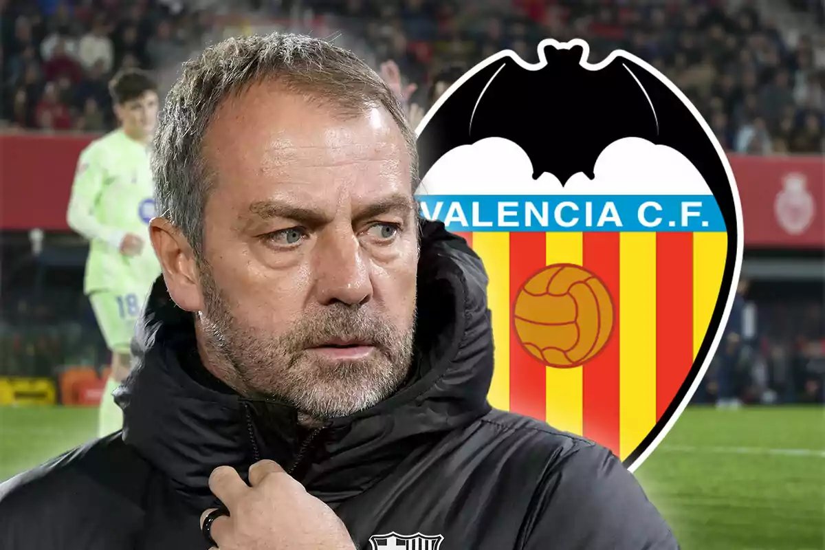 A man in a dark jacket appears in the foreground, with the Valencia C.F. crest in the background and a stadium full of spectators.