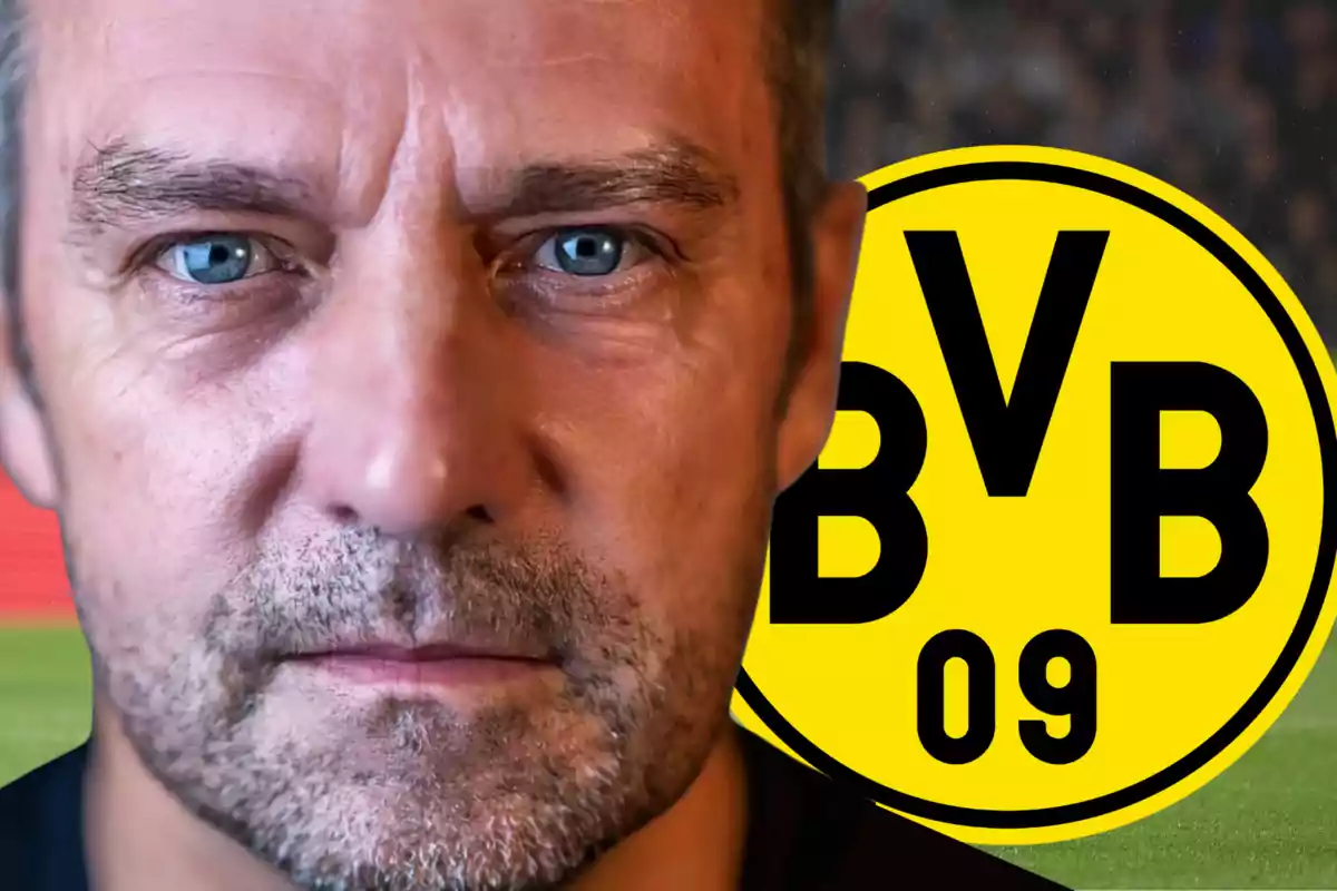 Close-up of a bearded man with blue eyes next to the Borussia Dortmund logo.