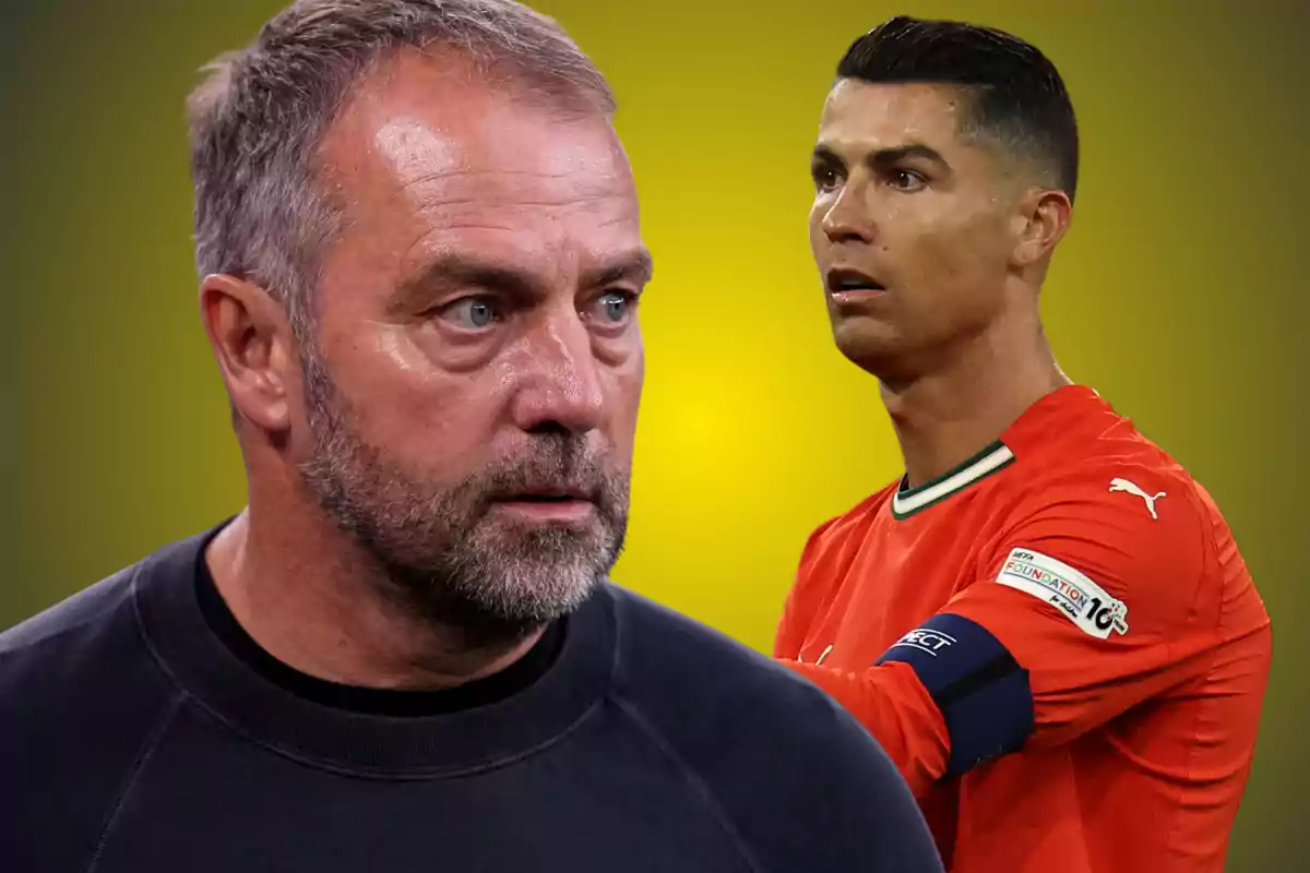 Un hombre de cabello canoso y barba con expresión seria en primer plano y un futbolista con uniforme rojo y brazalete de capitán en el fondo sobre un fondo amarillo difuminado