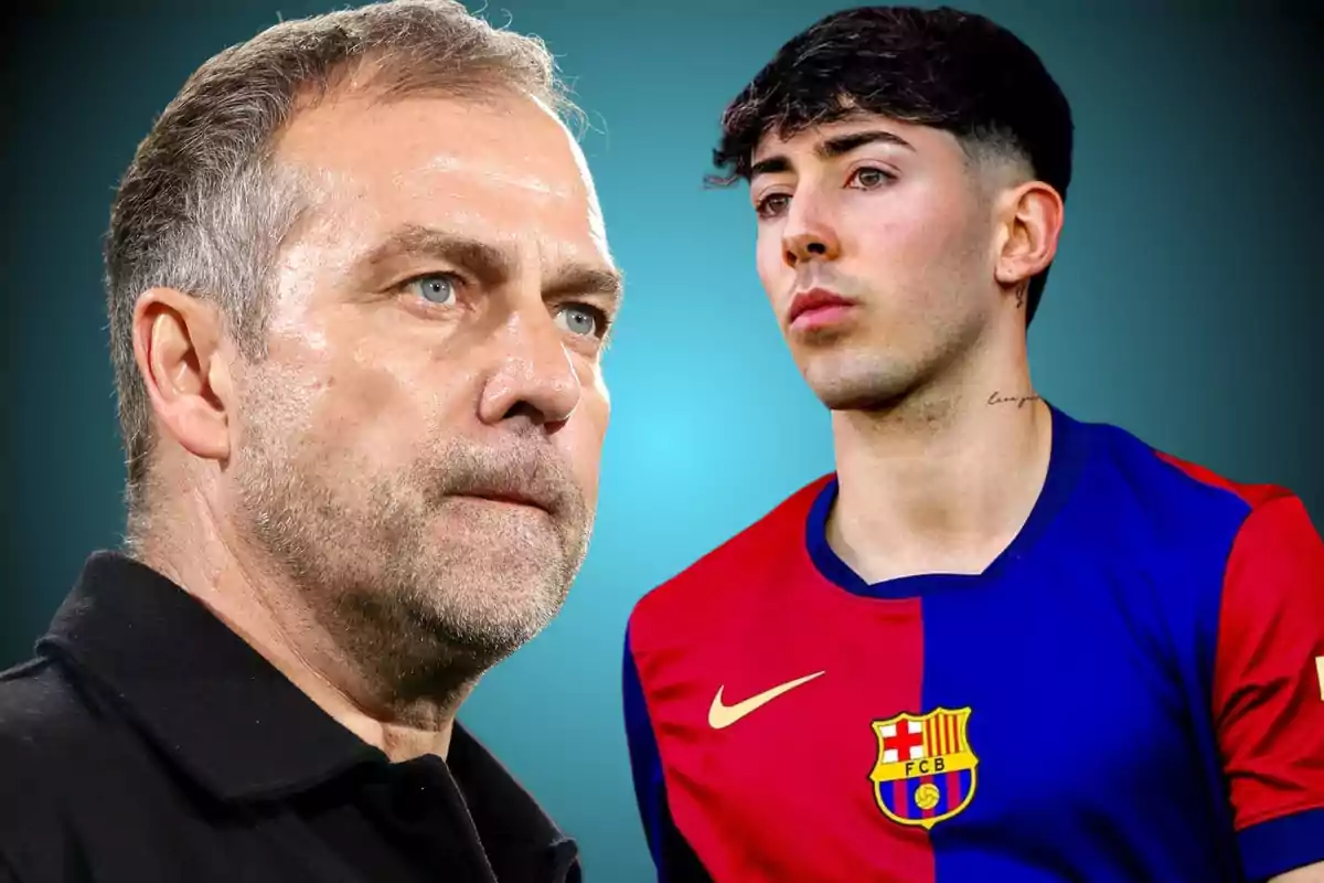 Dos hombres, uno con barba y otro con camiseta del FC Barcelona, sobre un fondo azul.