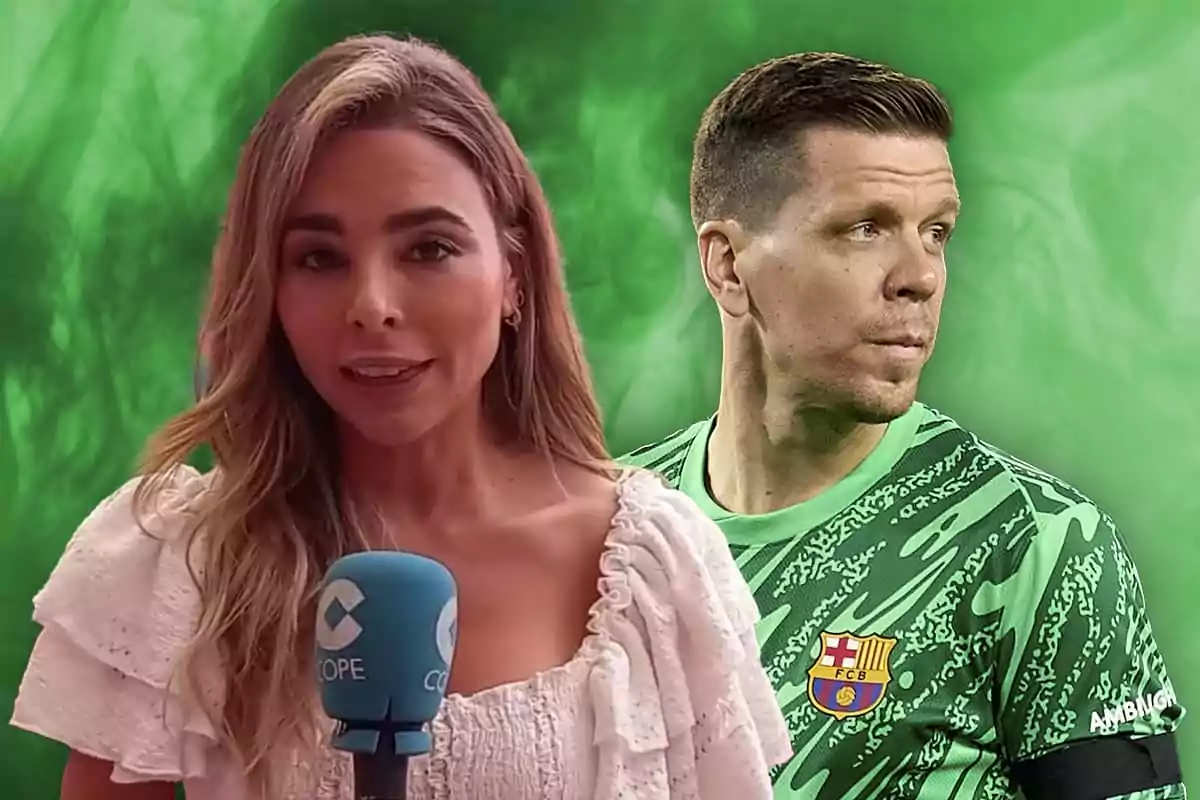 Una mujer con un micrófono de COPE y un hombre con una camiseta de fútbol verde con el escudo del Barcelona sobre un fondo verde.