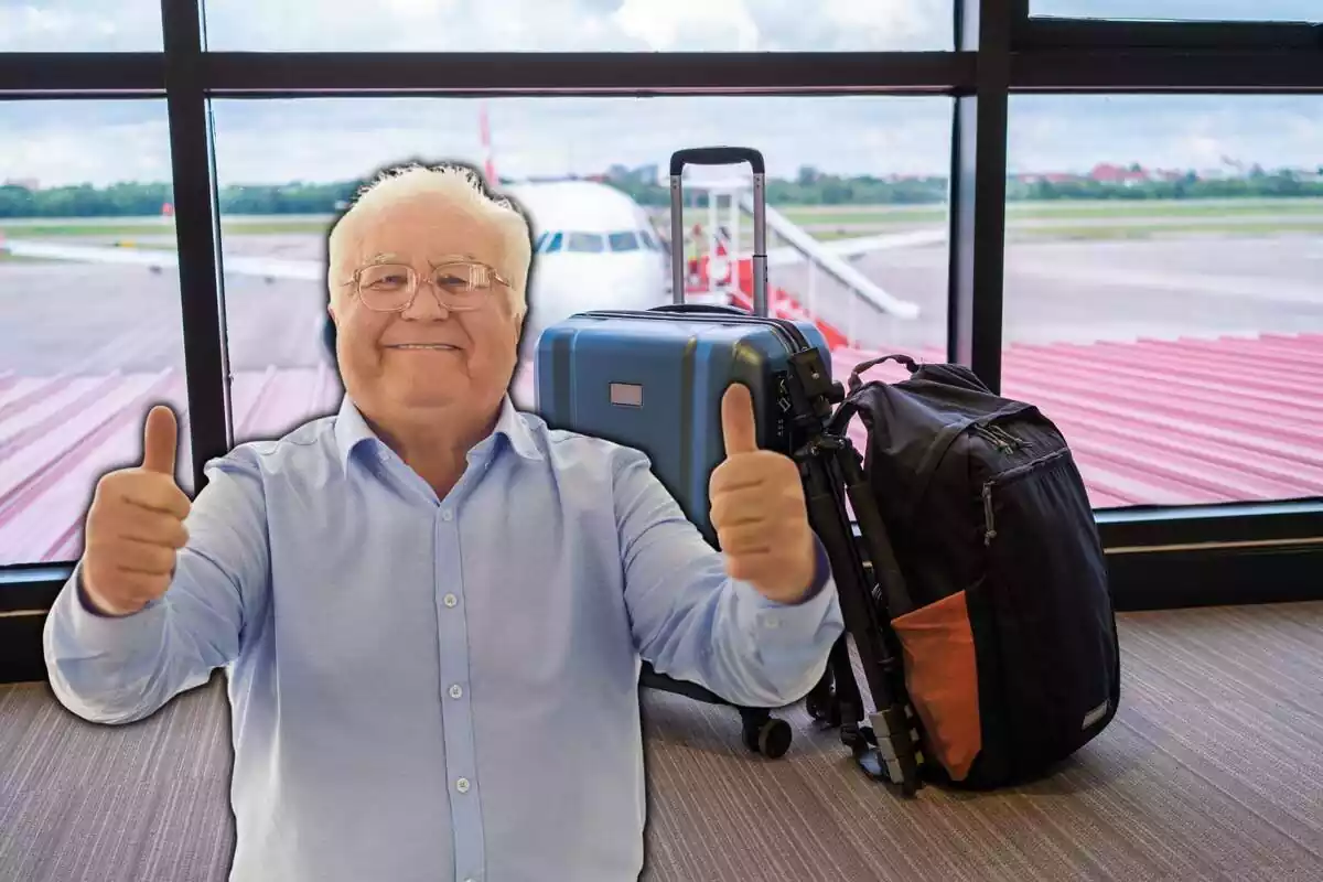 Senior man raising thumbs up and airport with suitcase and backpack in the background Senior man raising thumbs up and airport with suitcase and backpack in the background