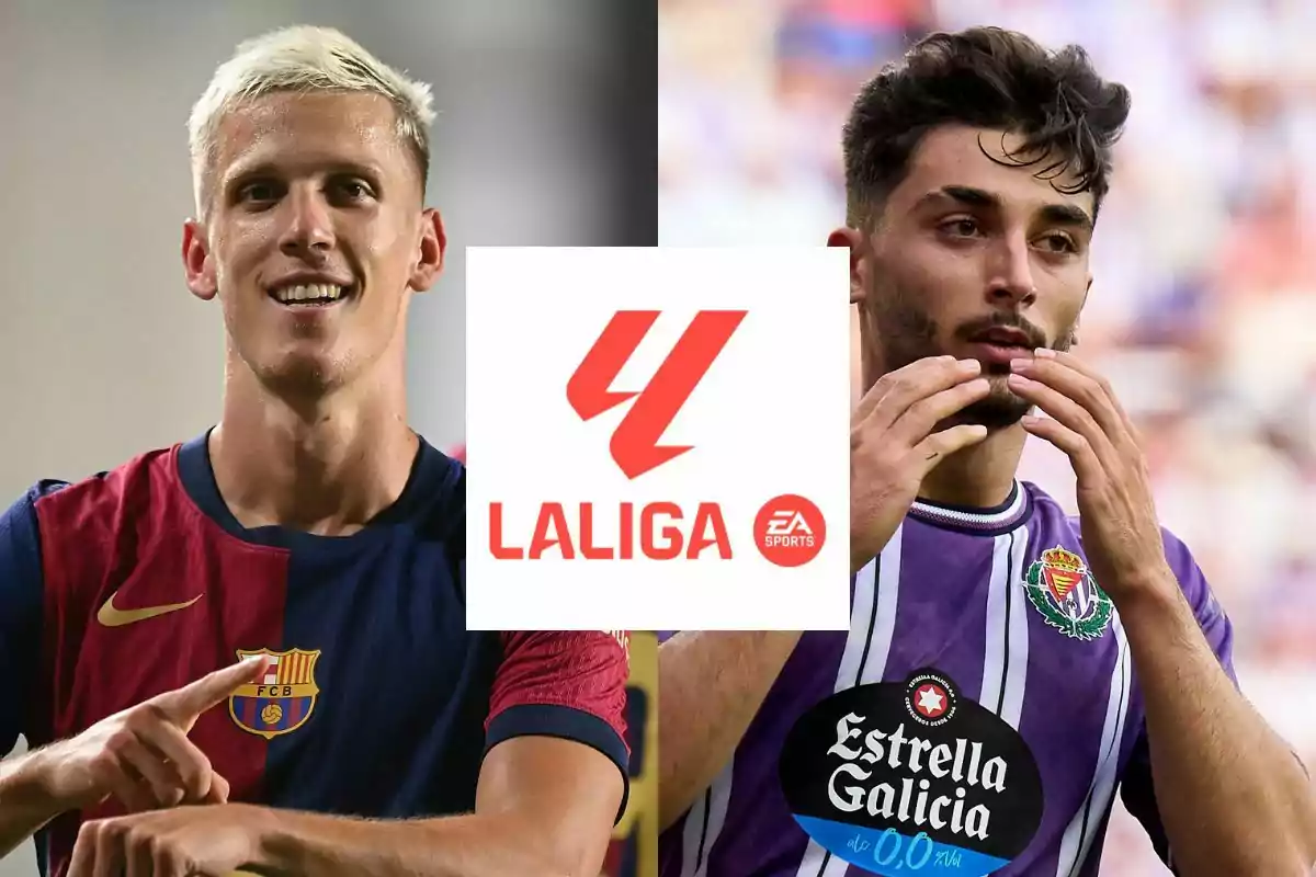 Dani Olmo (FC Barcelona) y Raúl Moro (Real Valladolid) con el logo de LaLiga EA Sports en el centro.