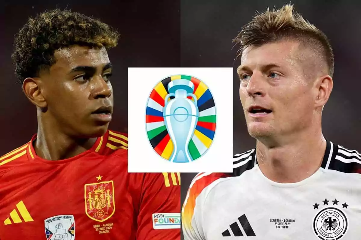 Lamine Yamal y Toni Kroos, uno con el uniforme de España y otro con el uniforme de Alemania, con el logo de la Eurocopa en el centro.