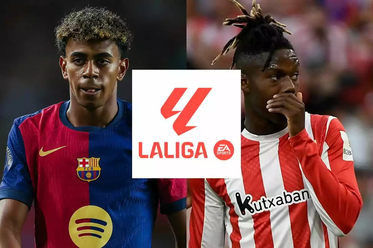 Dos jugadores de fútbol, Lamine Yamal del FC Barcelona y Nico Williams del Athletic Club, con el logo de LaLiga EA Sports en el centro.