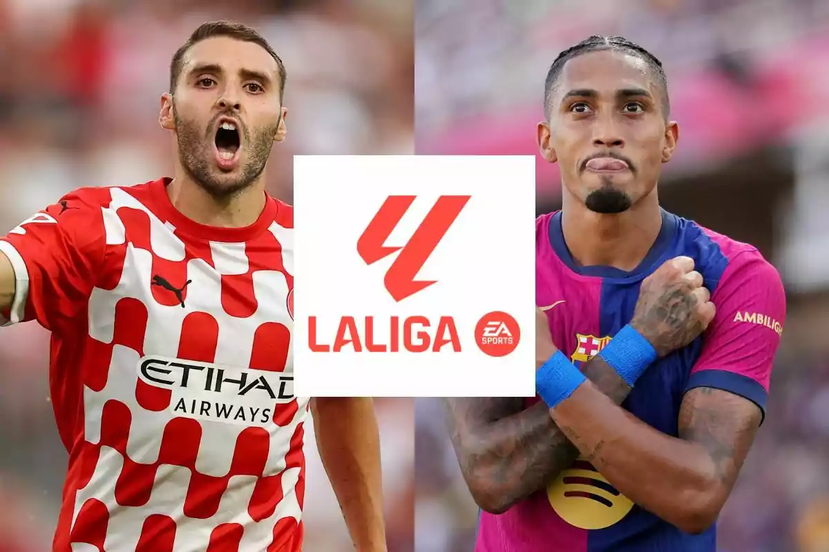 Abel Ruíz (Girona) y Raphinha (FC Barcelona) con el logo de LaLiga EA Sports en el centro.