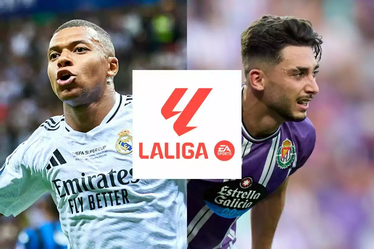 Dos jugadores de fútbol, Mbappé del Real Madrid y Raúl Moro del Real Valladolid, con el logo de LaLiga EA Sports en el centro.