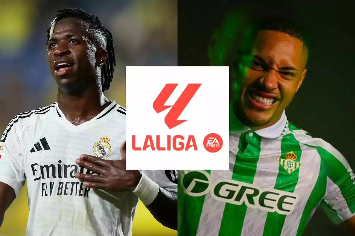 Vinicius (Real Madrid) y Vitor Roque (Betis) posando junto al logo de LaLiga EA Sports.