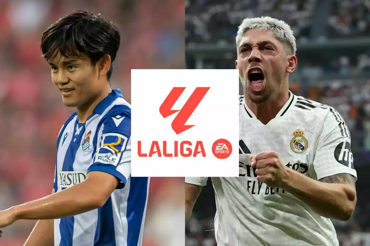 Dos jugadores de fútbol, Take Kubo de la Real Sociedad y Valverde del Real Madrid, con el logo de LaLiga EA Sports en el centro.