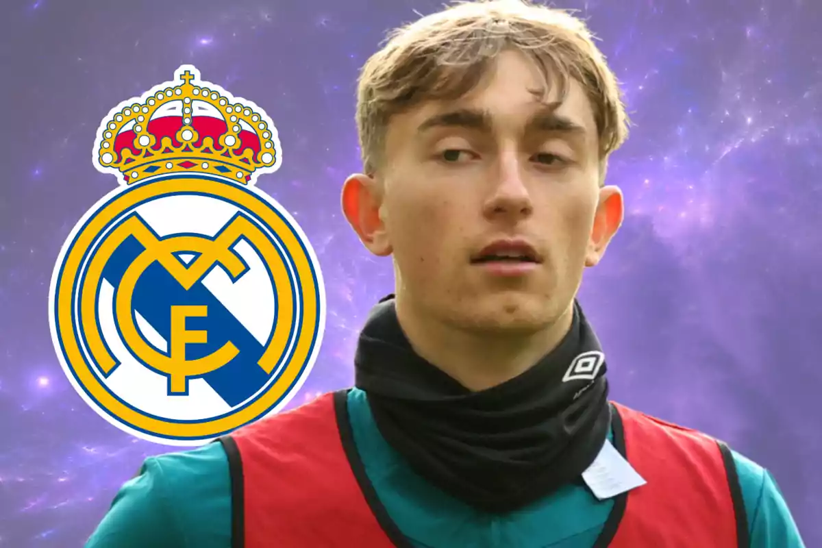 A player with a red vest and a green jersey appears in front of a purple background with the Real Madrid crest beside him. A player with a red vest and a green jersey appears in front of a purple background with the Real Madrid crest beside him.