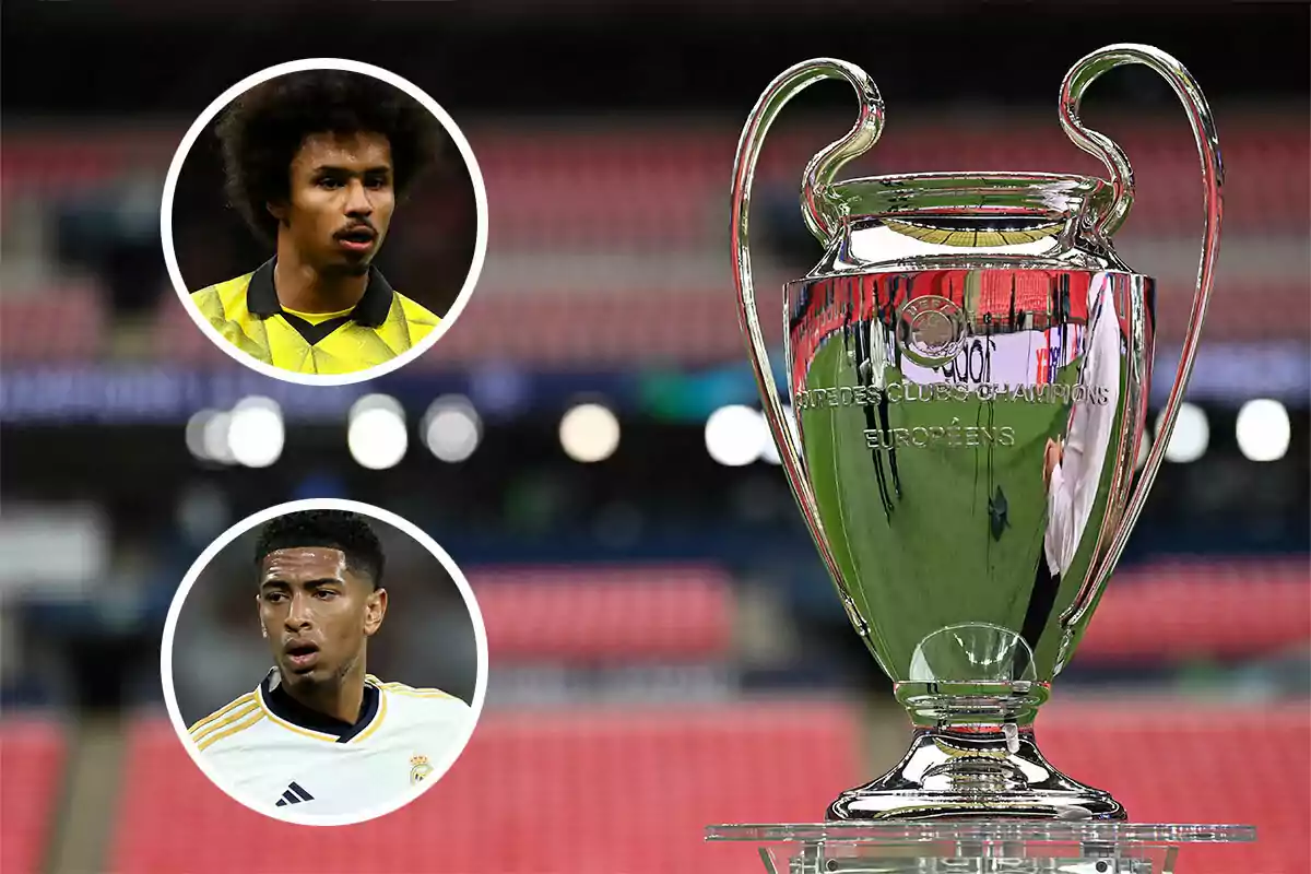 La Copa de la Champions en Wembley; al lado, Adeyemi (Dortmund) y Bellingham (Madrid)