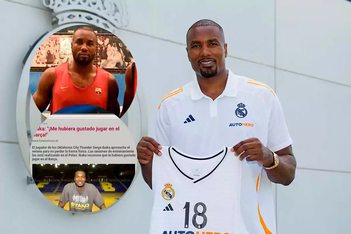 Serge Ibaka sostiene una camiseta del Real Madrid con el número 18, mientras que en un recuadro se muestra una imagen de él con una camiseta del Barcelona y un titular que dice "Me hubiera gustado jugar en el Barça".