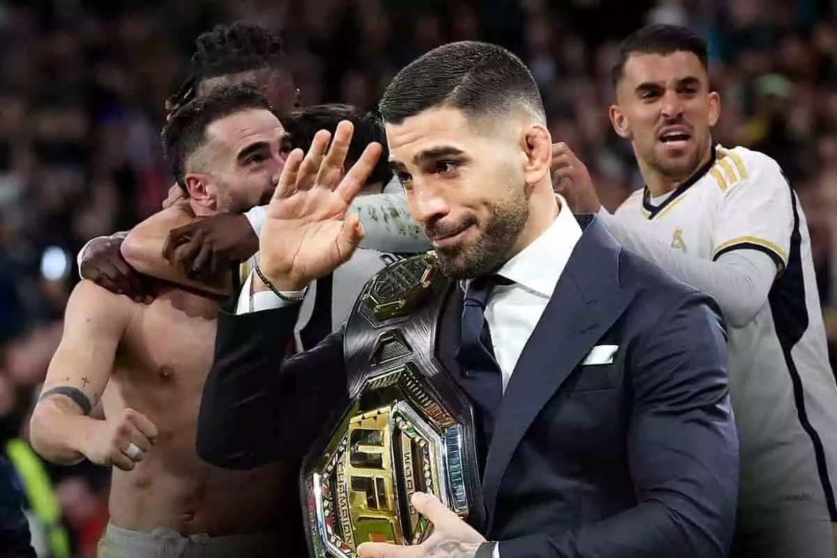 Ilia Topuria con un cinturón de campeón de UFC en primer plano y jugadores del Real Madrid celebrando en el fondo.