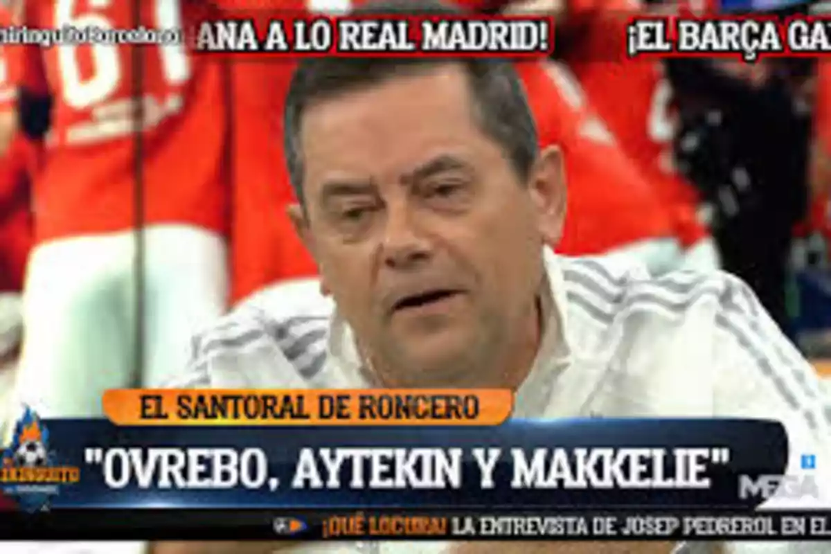 A man on a TV show with graphics mentioning football referees and teams like Real Madrid and Barcelona.