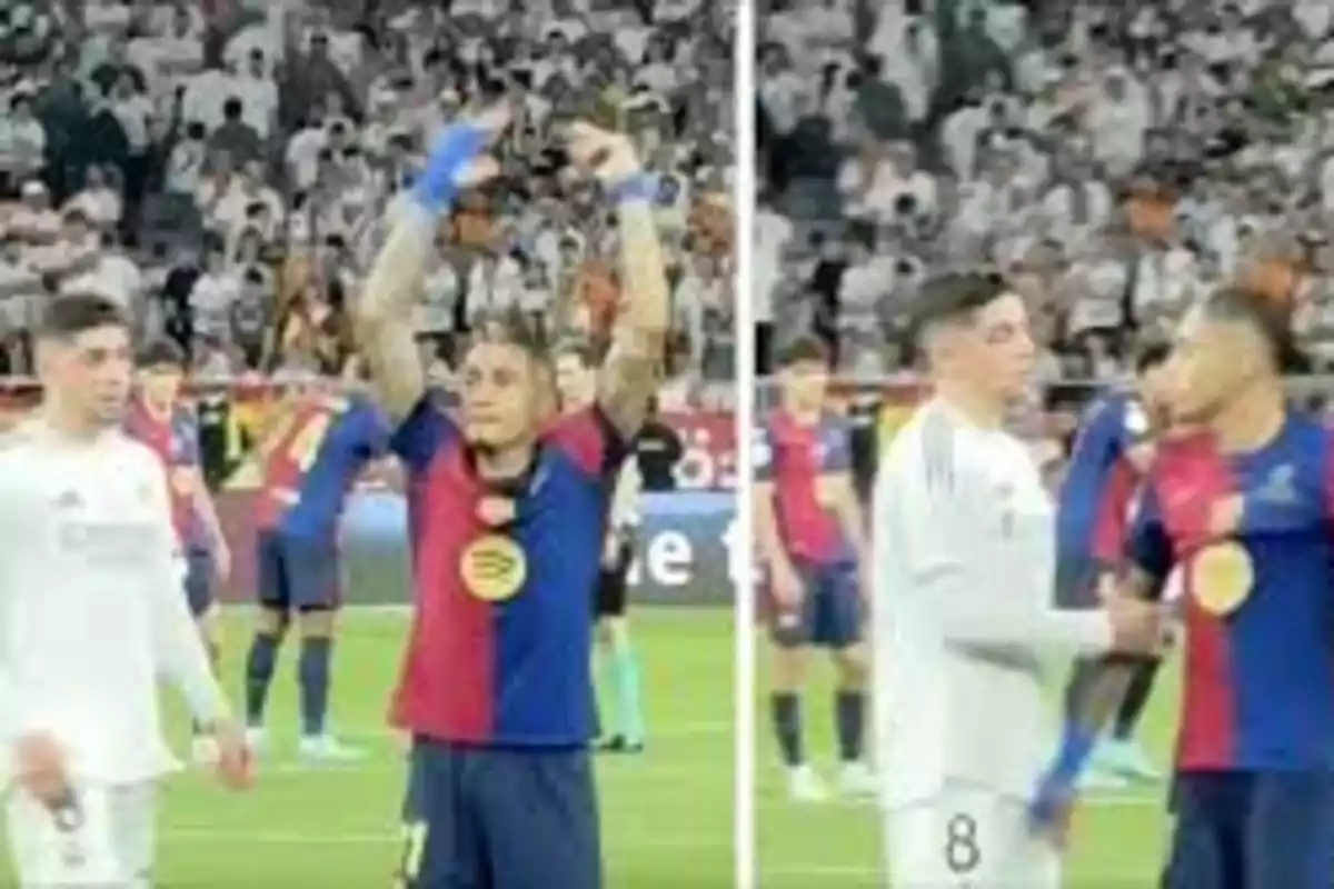 Soccer players from two different teams interact on the field during a match, with one player raising his arms and another extending his hand for a greeting. Soccer players from two different teams interact on the field during a match, with one player raising his arms and another extending his hand for a greeting.