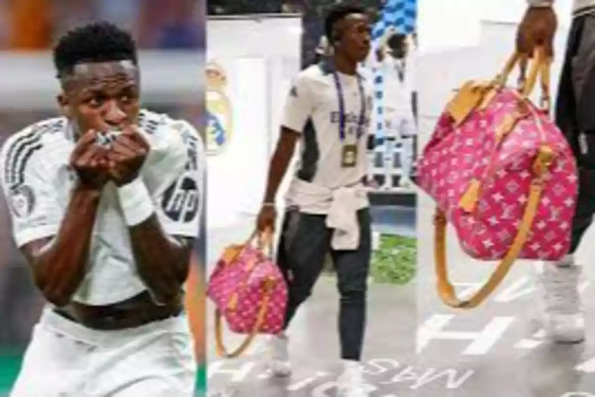 A football player on the field kisses the crest on his jersey, while in another image he carries a pink designer bag.