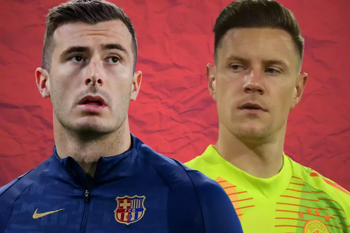 Two players wearing FC Barcelona and Germany national team uniforms pose in front of a red background.