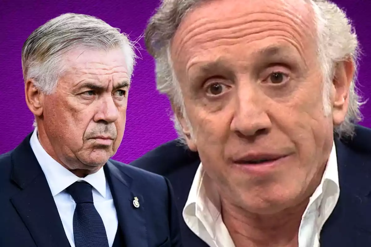 Two older men with serious expressions on a purple background.