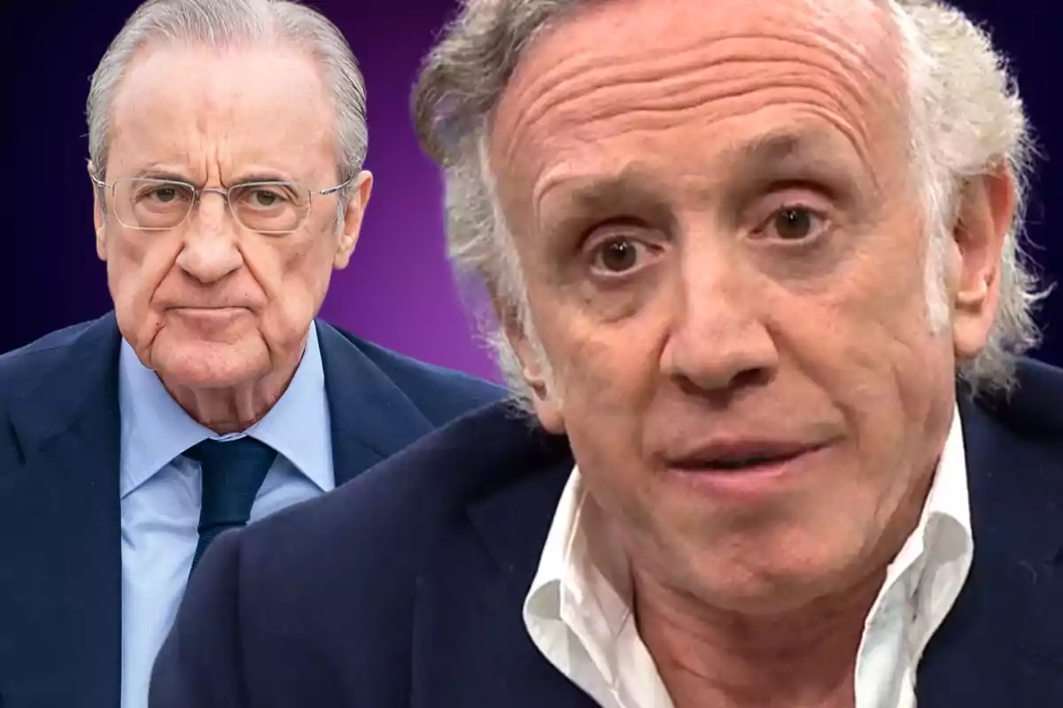 Florentino Pérez and Eduardo Inda on a lilac background in the foreground