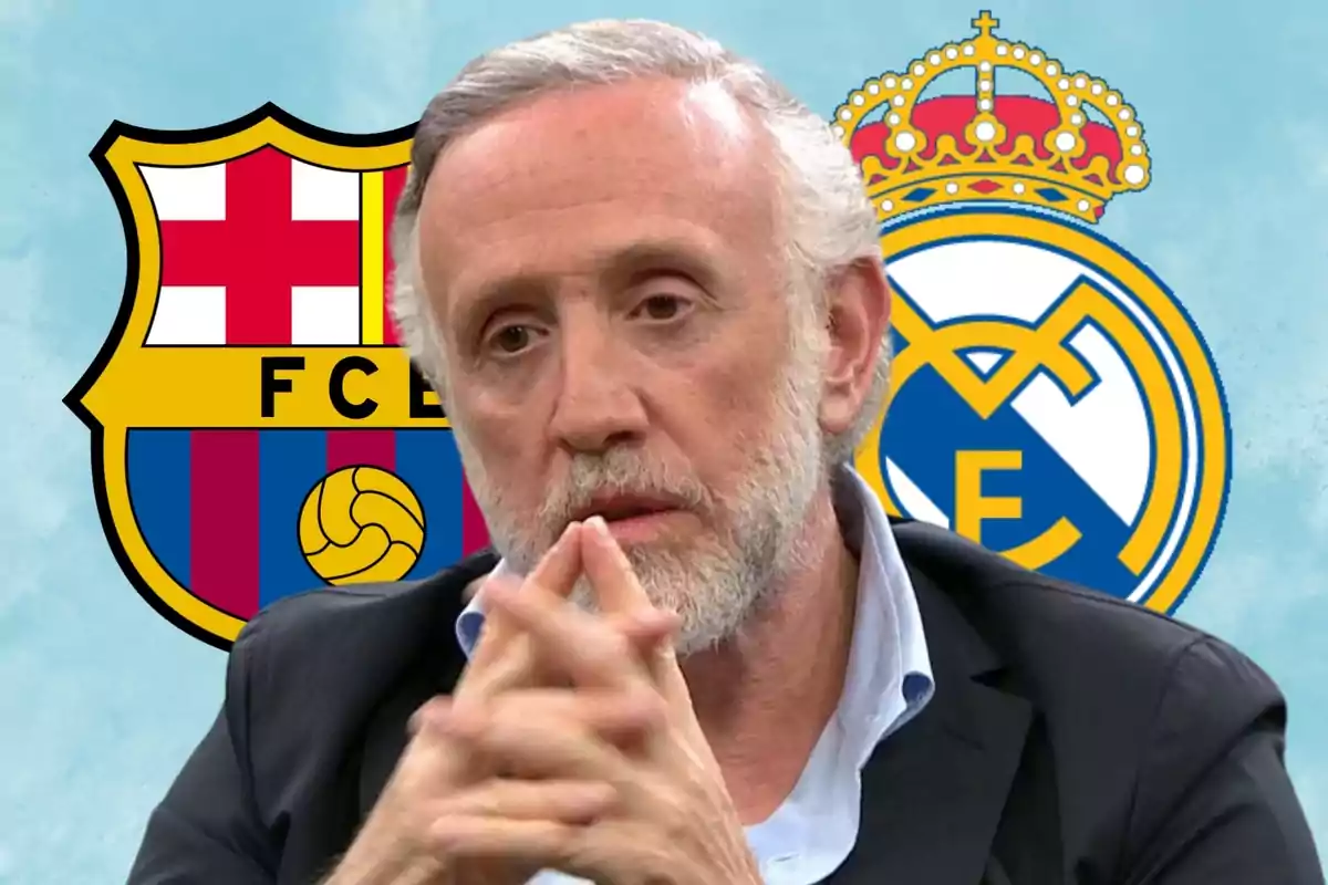 A man with a beard and gray hair appears pensive with the logos of FC Barcelona and Real Madrid in the background.