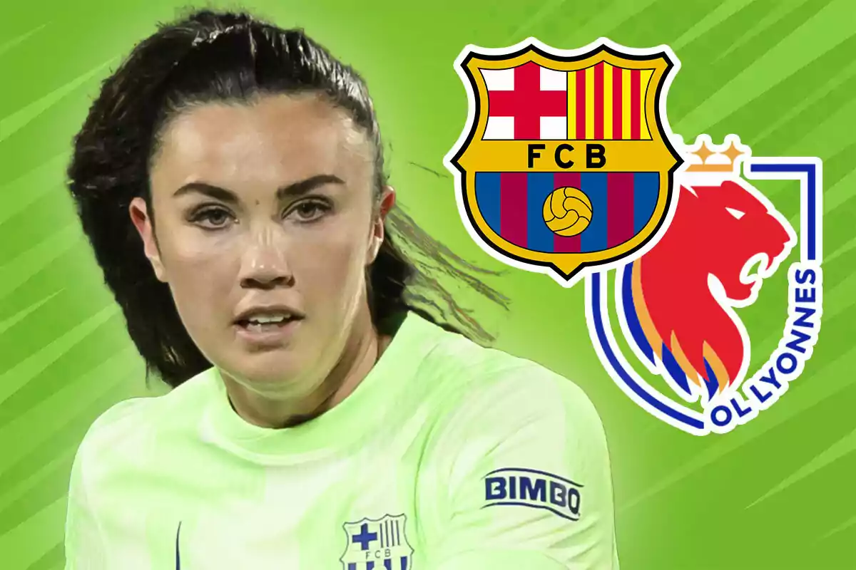 Jugadora de fútbol con uniforme del Barcelona y los escudos del FC Barcelona y Olympique de Lyon sobre un fondo verde