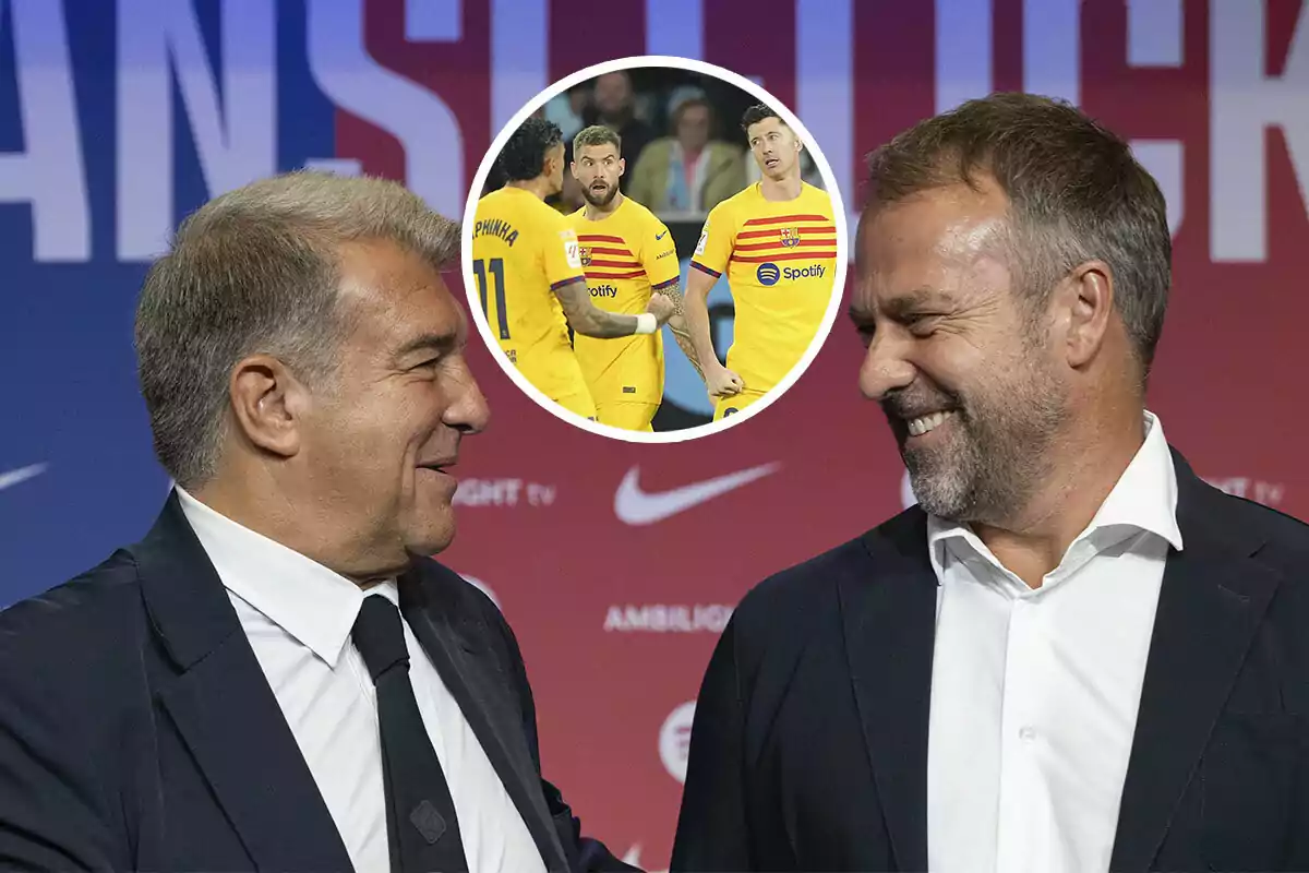 Laporta y Flick de traje sonríen mientras se estrechan la mano, con una imagen superpuesta de jugadores del Barcelona en el centro.