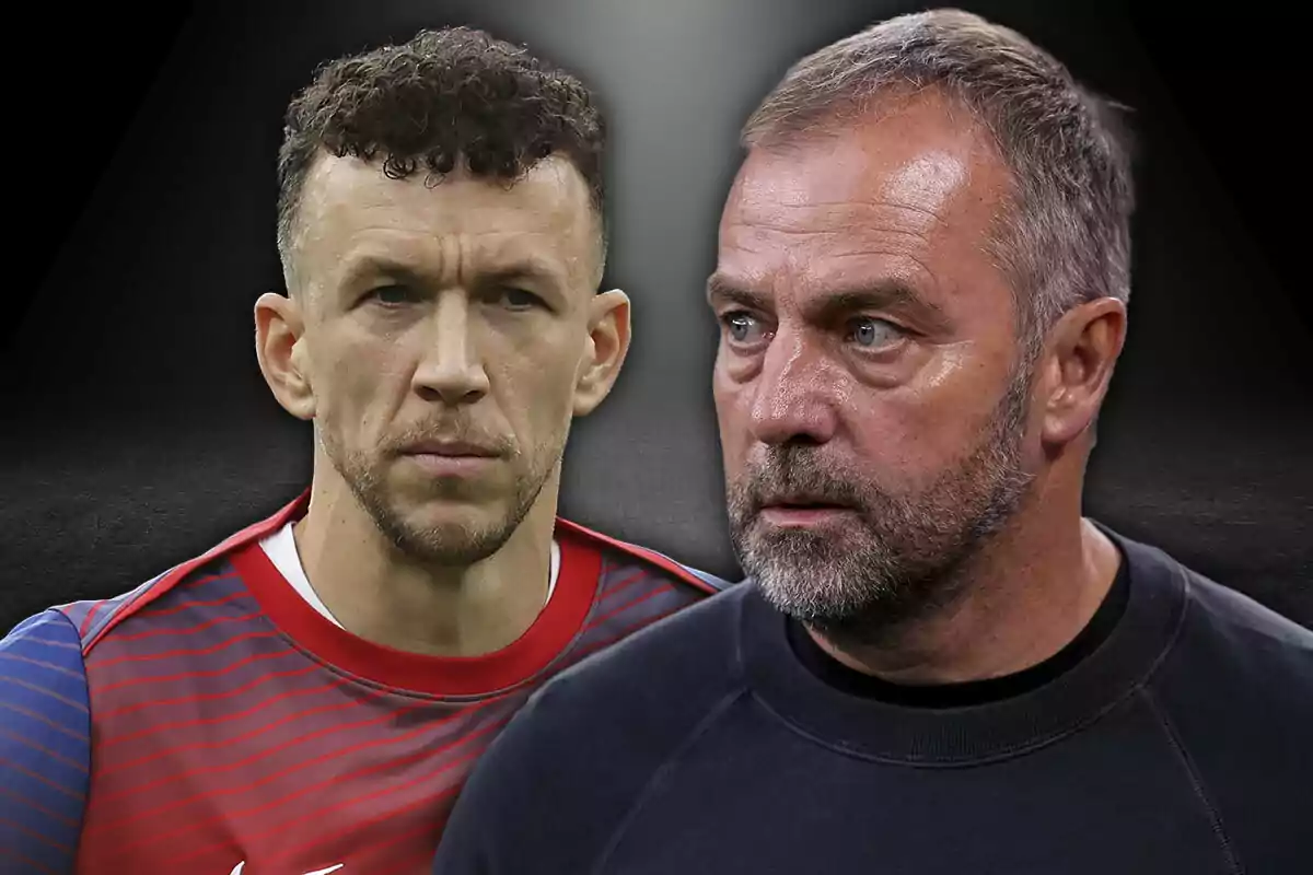 Dos hombres con expresiones serias uno con camiseta deportiva roja y el otro con suéter oscuro sobre un fondo negro difuminado