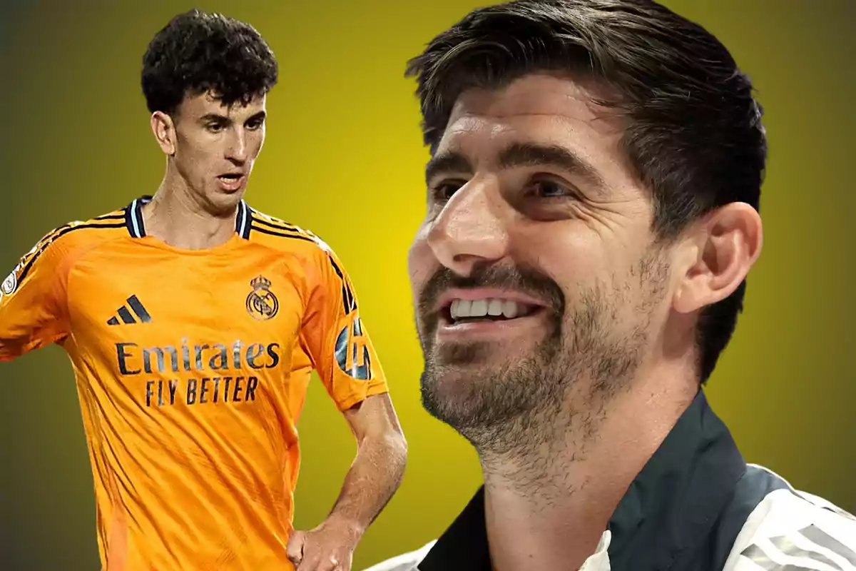 Two players from Real Madrid, one in an orange uniform and the other smiling, against a yellow background.